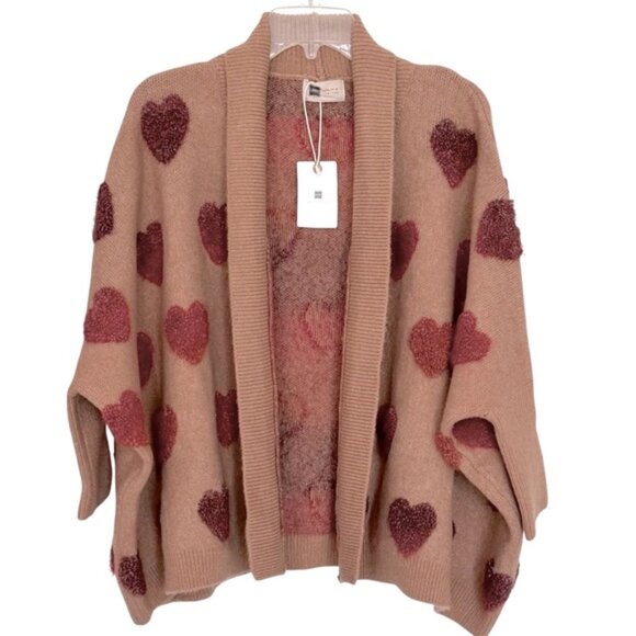 Look by M One Size Tan Wool Blend Cardigan w/Variegated 3D Heart Accents - Picture 3 of 10